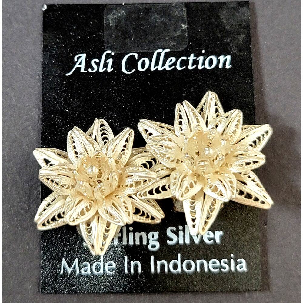 Vintage Indonesian Sterling Silver Filigree Flower Bow Floral Clip-On Earrings